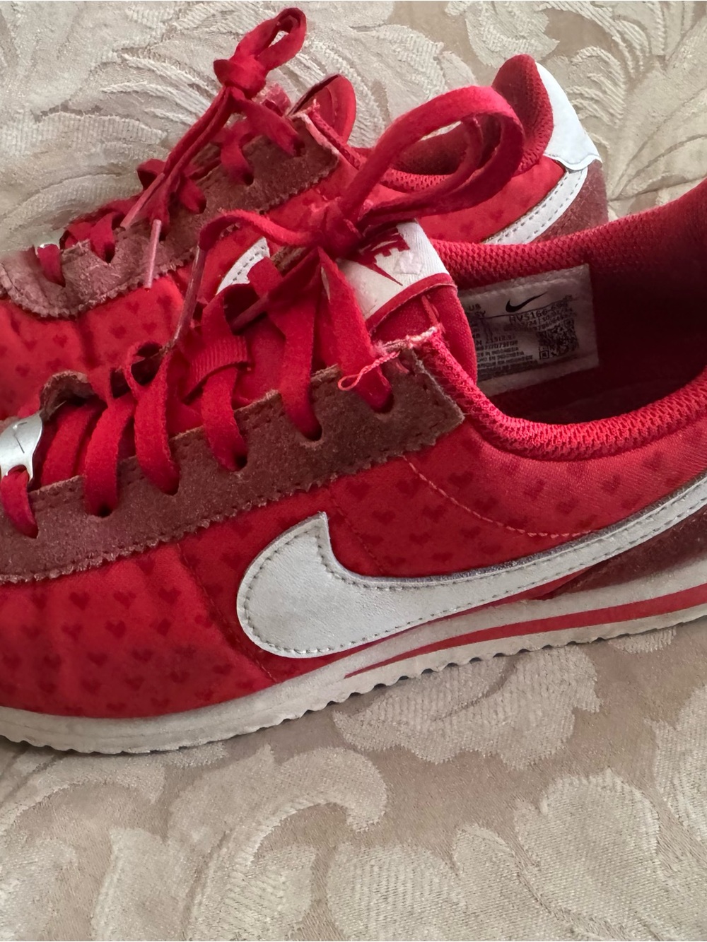 Nike Red and White Heart-Patterned Cortez Sneakers
